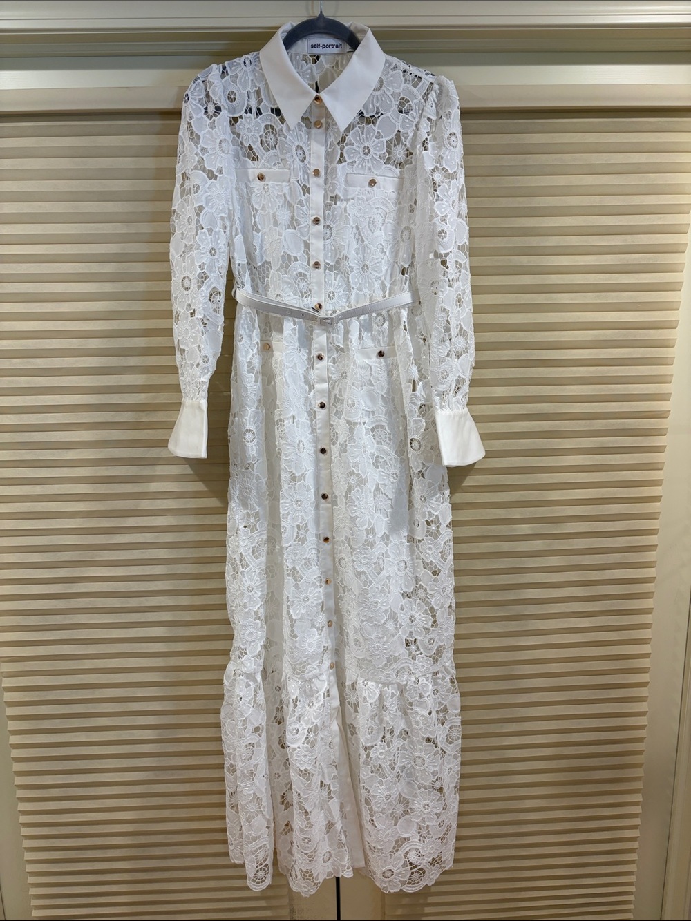 NWOT Self-Portrait White Floral Lace Maxi Shirt Dress, Size US 6